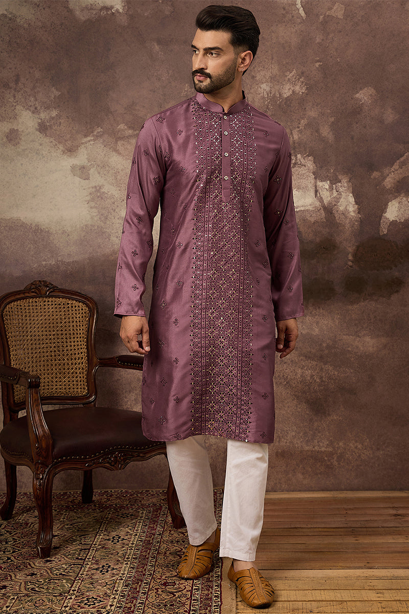 Mauve Silk Blend Solid Embroidered Straight Kurta MKU1368