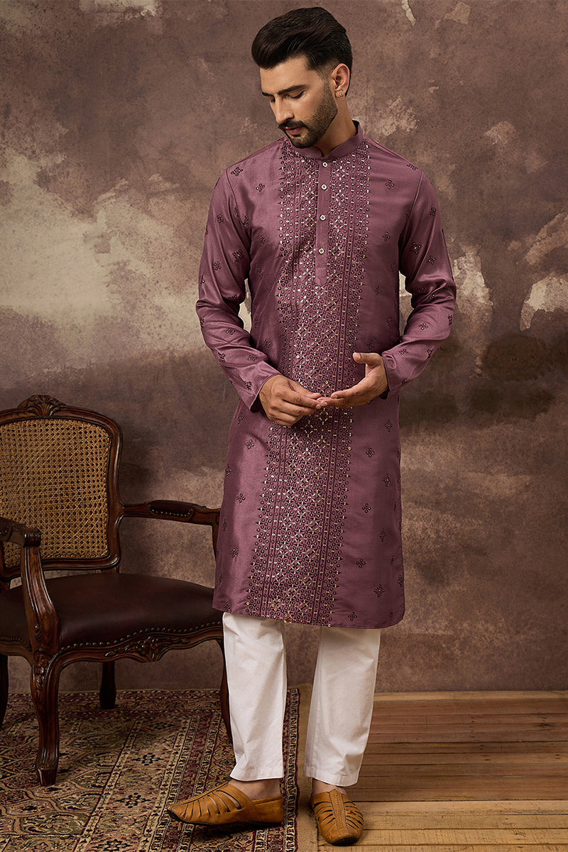 Mauve Silk Blend Solid Embroidered Straight Kurta MKU1368