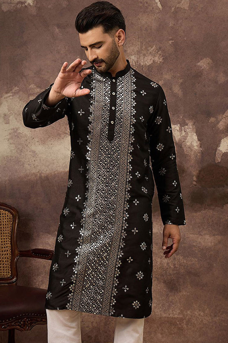 Black Silk Blend Solid Embroidered Straight Kurta MKU1370