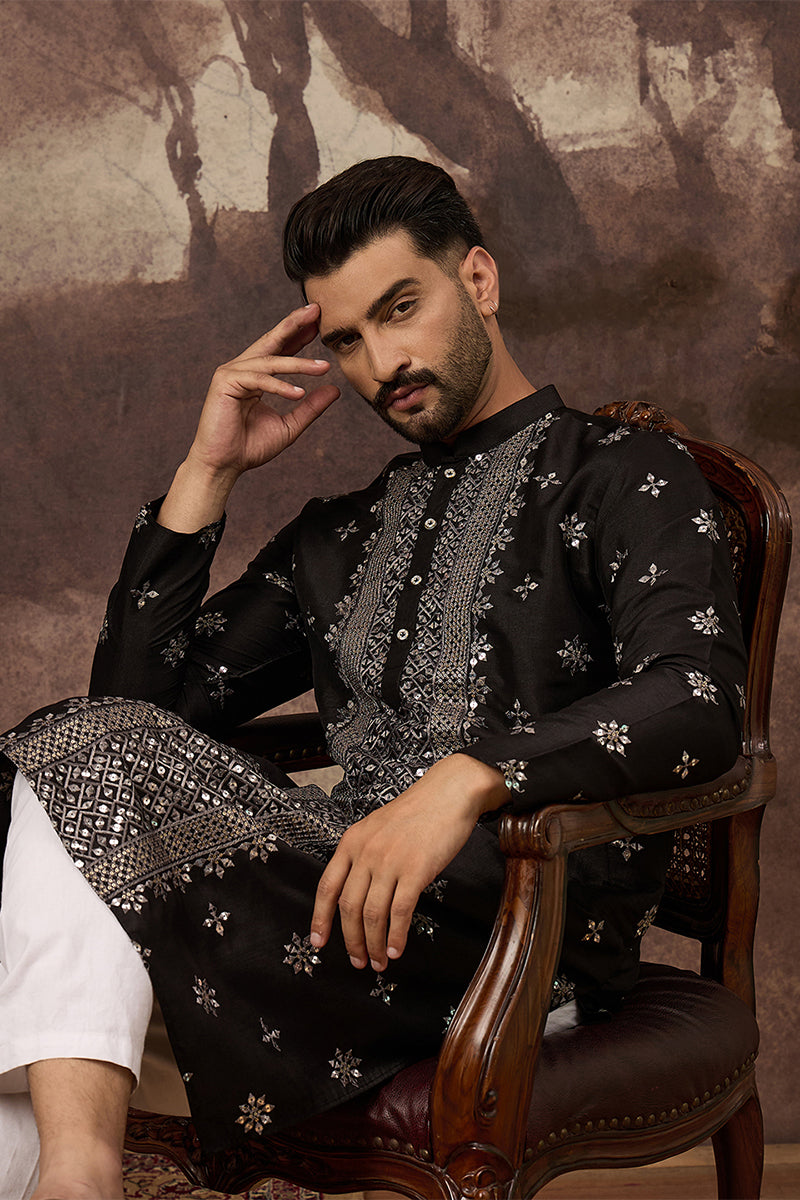 Black Silk Blend Solid Embroidered Straight Kurta MKU1370