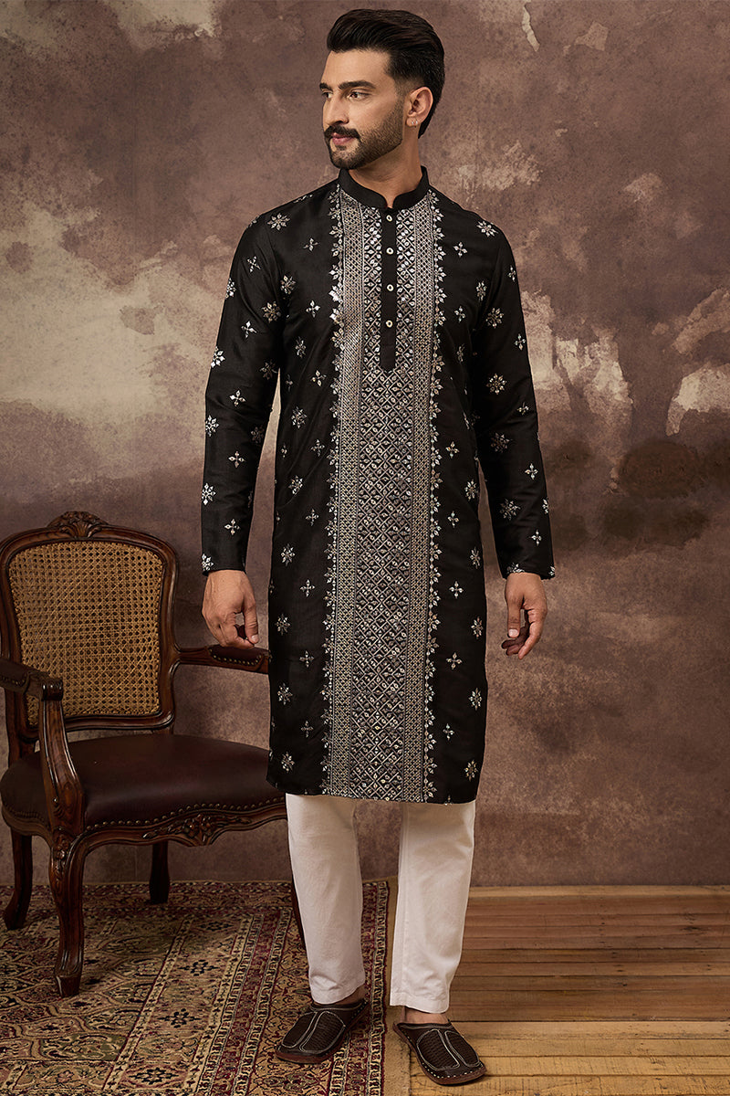 Black Silk Blend Solid Embroidered Straight Kurta MKU1370