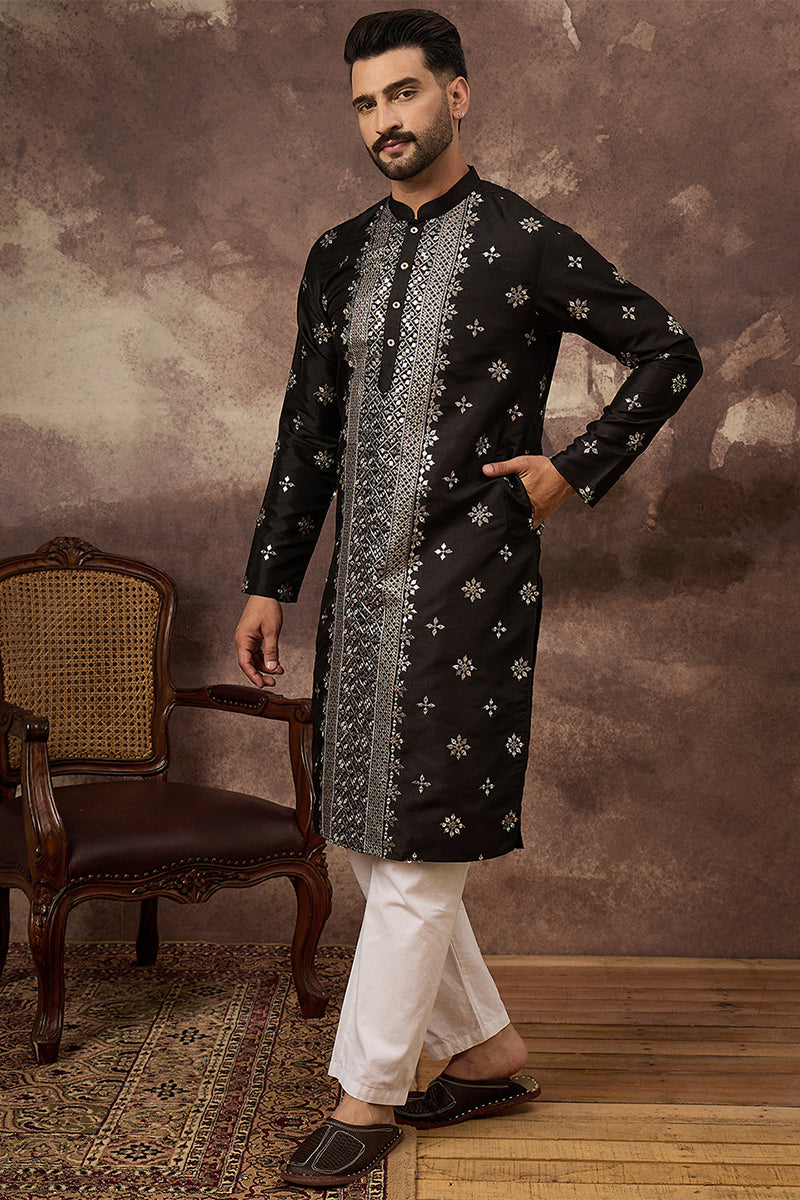 Black Silk Blend Solid Embroidered Straight Kurta MKU1370