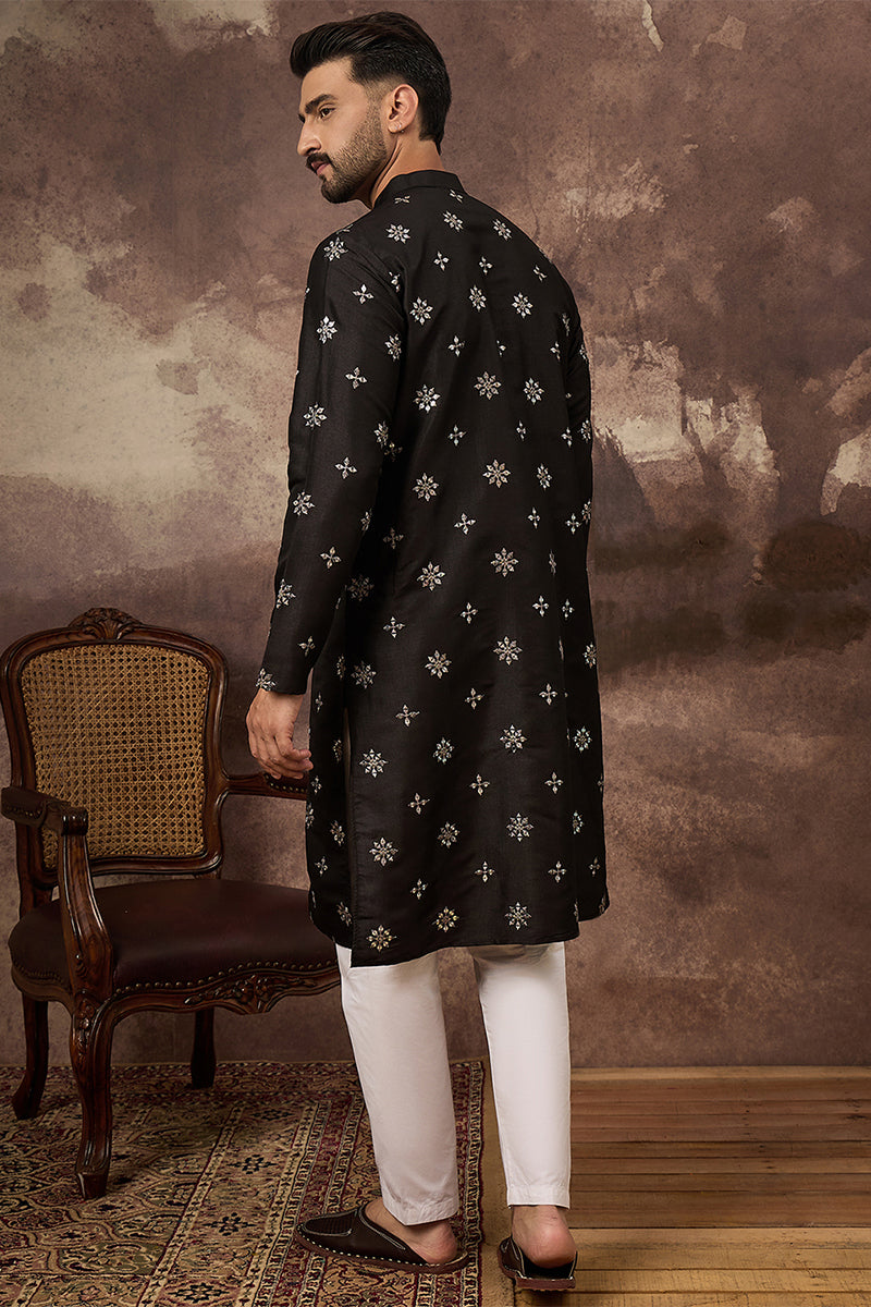 Black Silk Blend Solid Embroidered Straight Kurta MKU1370