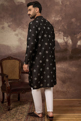 Black Silk Blend Solid Embroidered Straight Kurta MKU1370