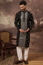 Black Silk Blend Solid Embroidered Straight Kurta MKU1370
