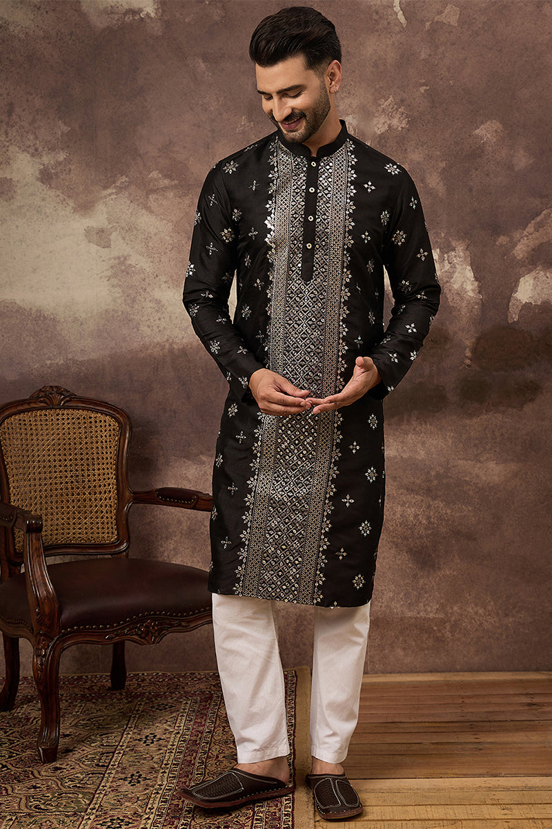 Black Silk Blend Solid Embroidered Straight Kurta MKU1370