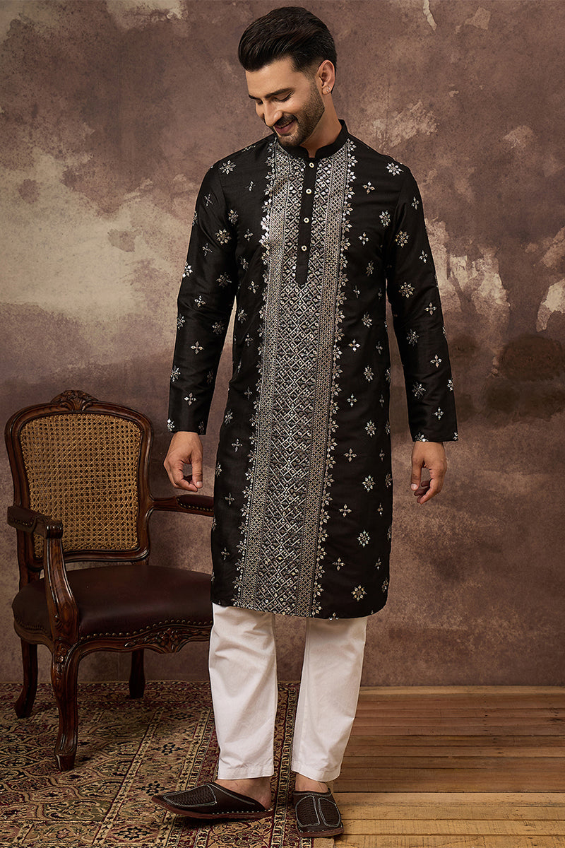 Black Silk Blend Solid Embroidered Straight Kurta MKU1370
