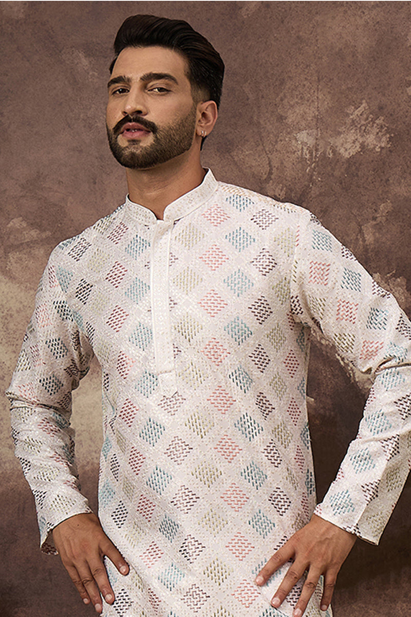 White Silk Blend Solid Embroidered Straight Kurta MKU1382
