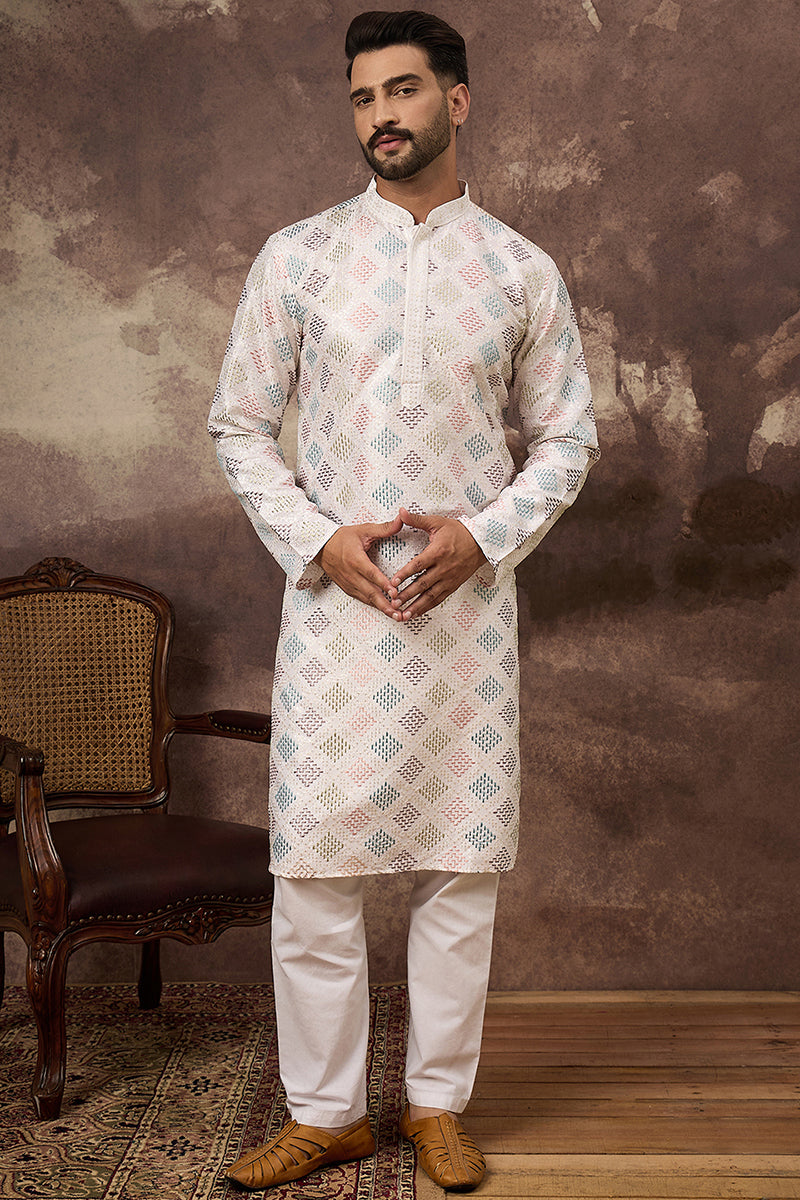 White Silk Blend Embroidered Indian Wear for Men MKU1382 | DesiQlo