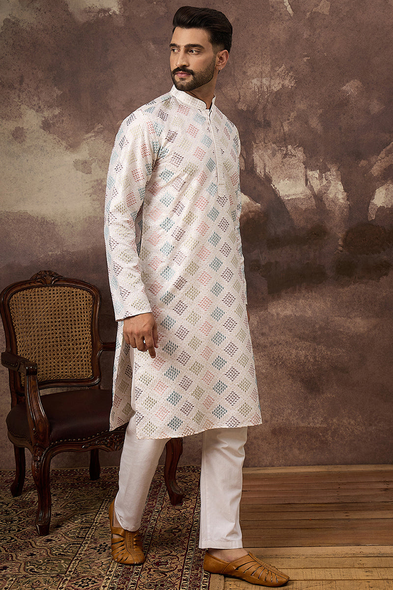 White Silk Blend Solid Embroidered Straight Kurta MKU1382