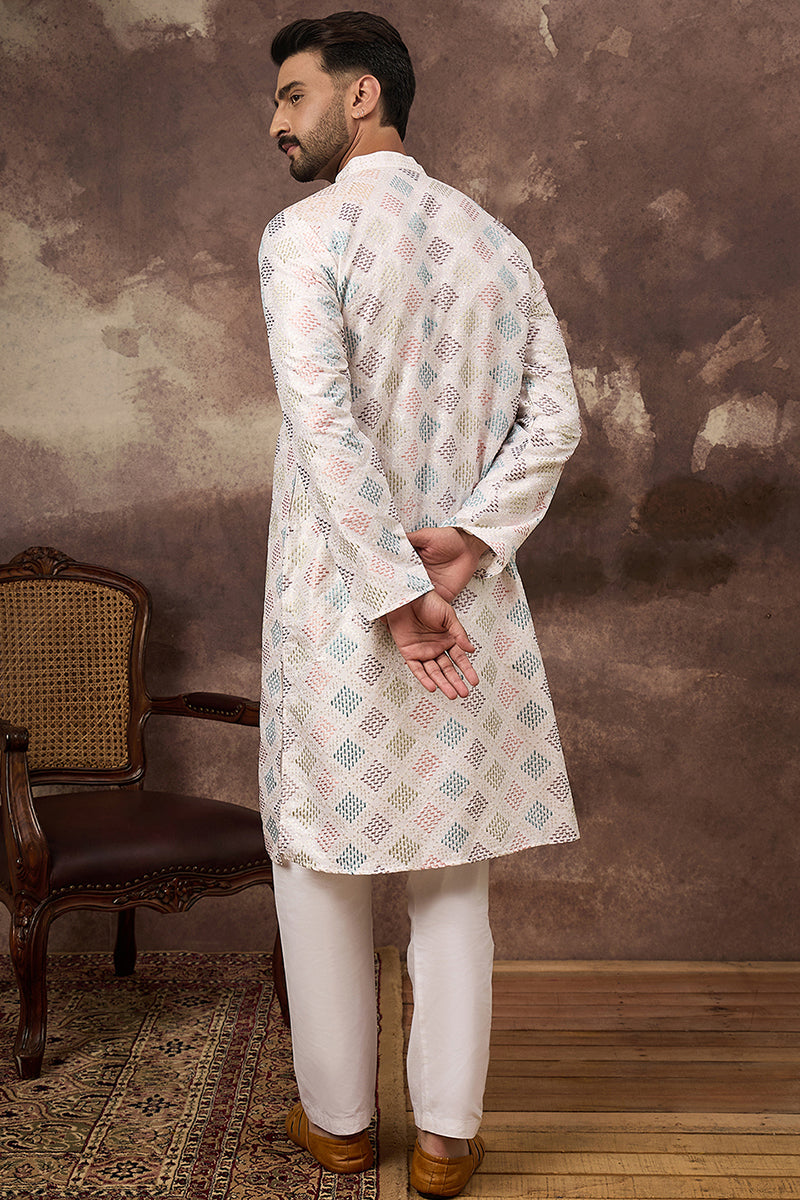 White Silk Blend Solid Embroidered Straight Kurta MKU1382