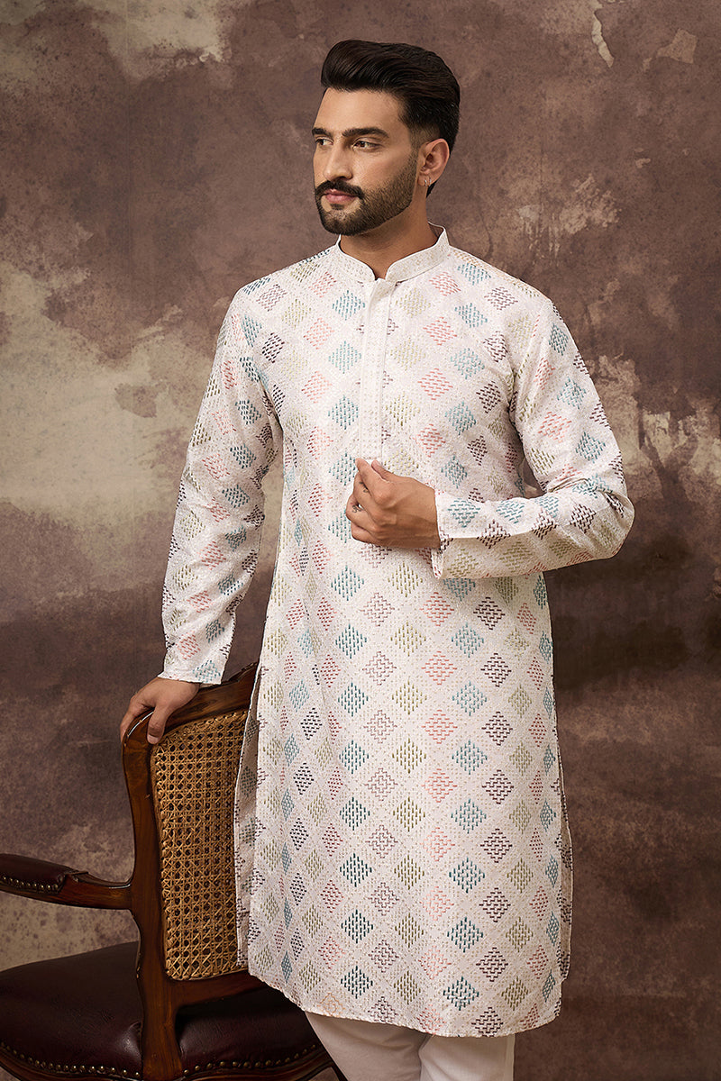 White Silk Blend Solid Embroidered Straight Kurta MKU1382