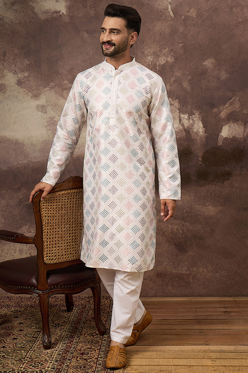 White Silk Blend Solid Embroidered Straight Kurta MKU1382