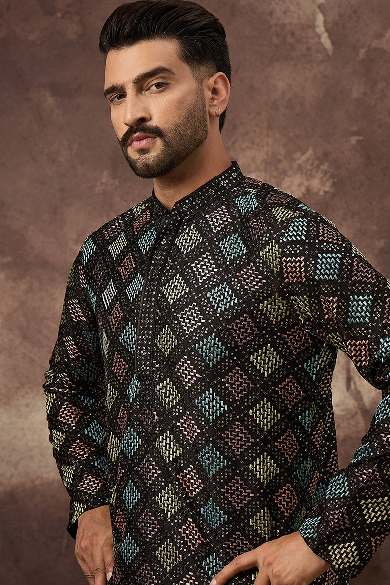 Black Silk Blend Solid Embroidered Straight Kurta MKU1384