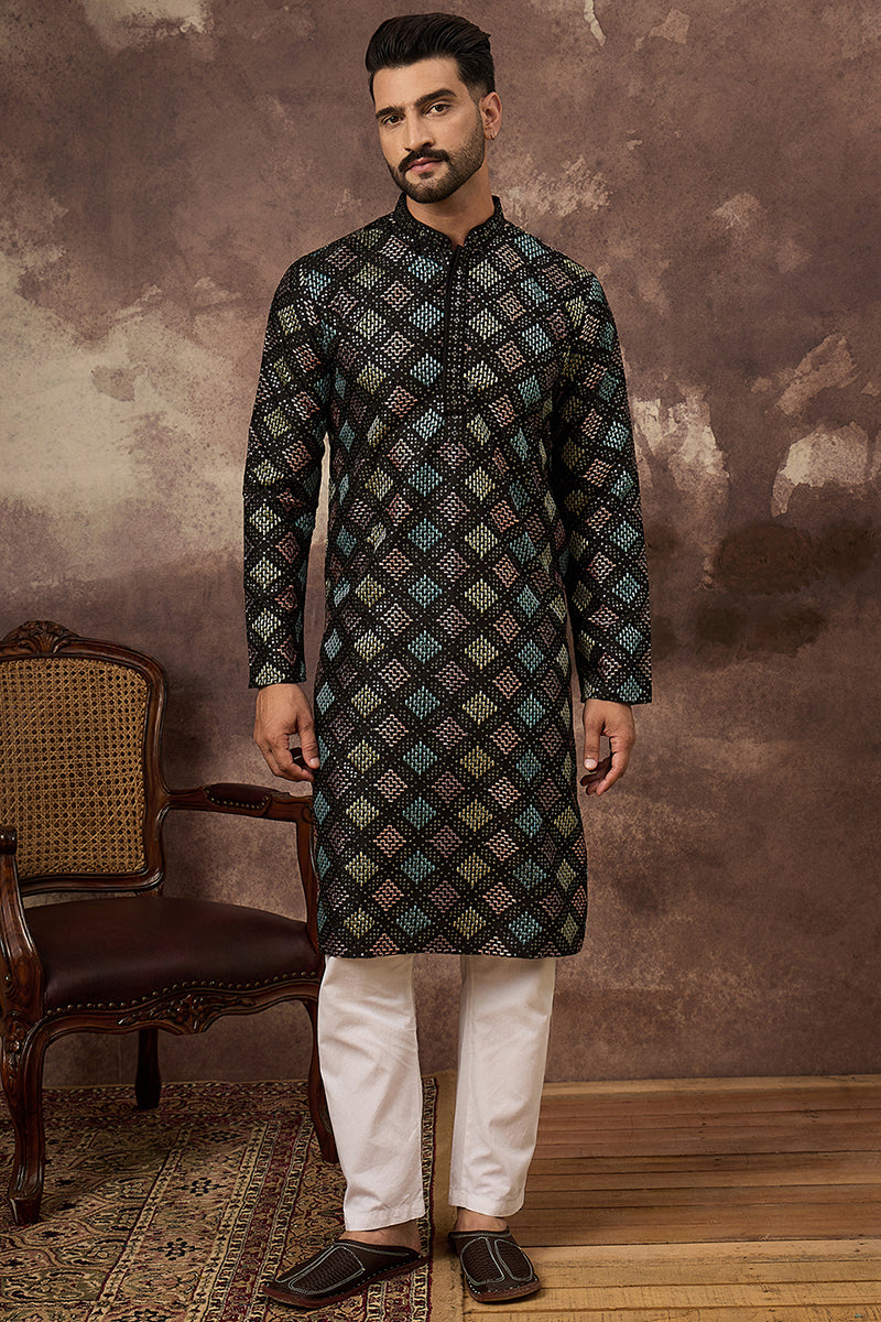 Black Silk Blend Solid Embroidered Straight Kurta MKU1384