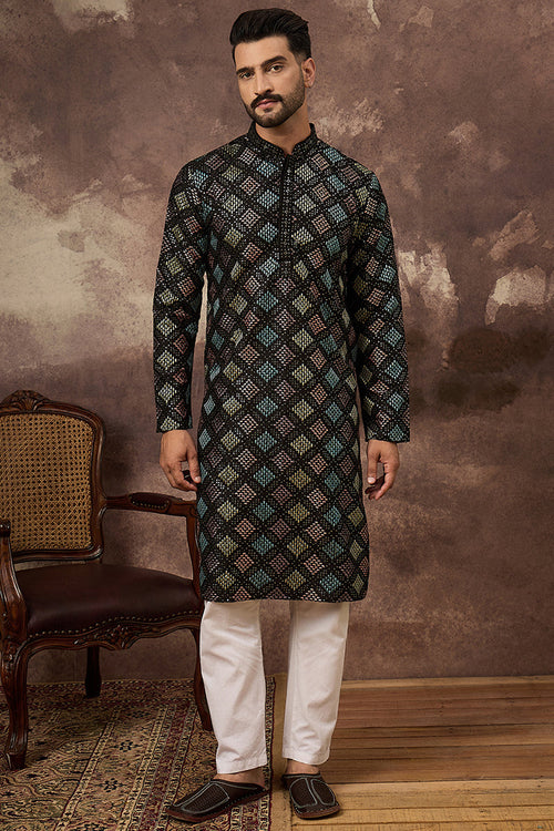 Black Silk Blend Solid Embroidered Straight Kurta MKU1384