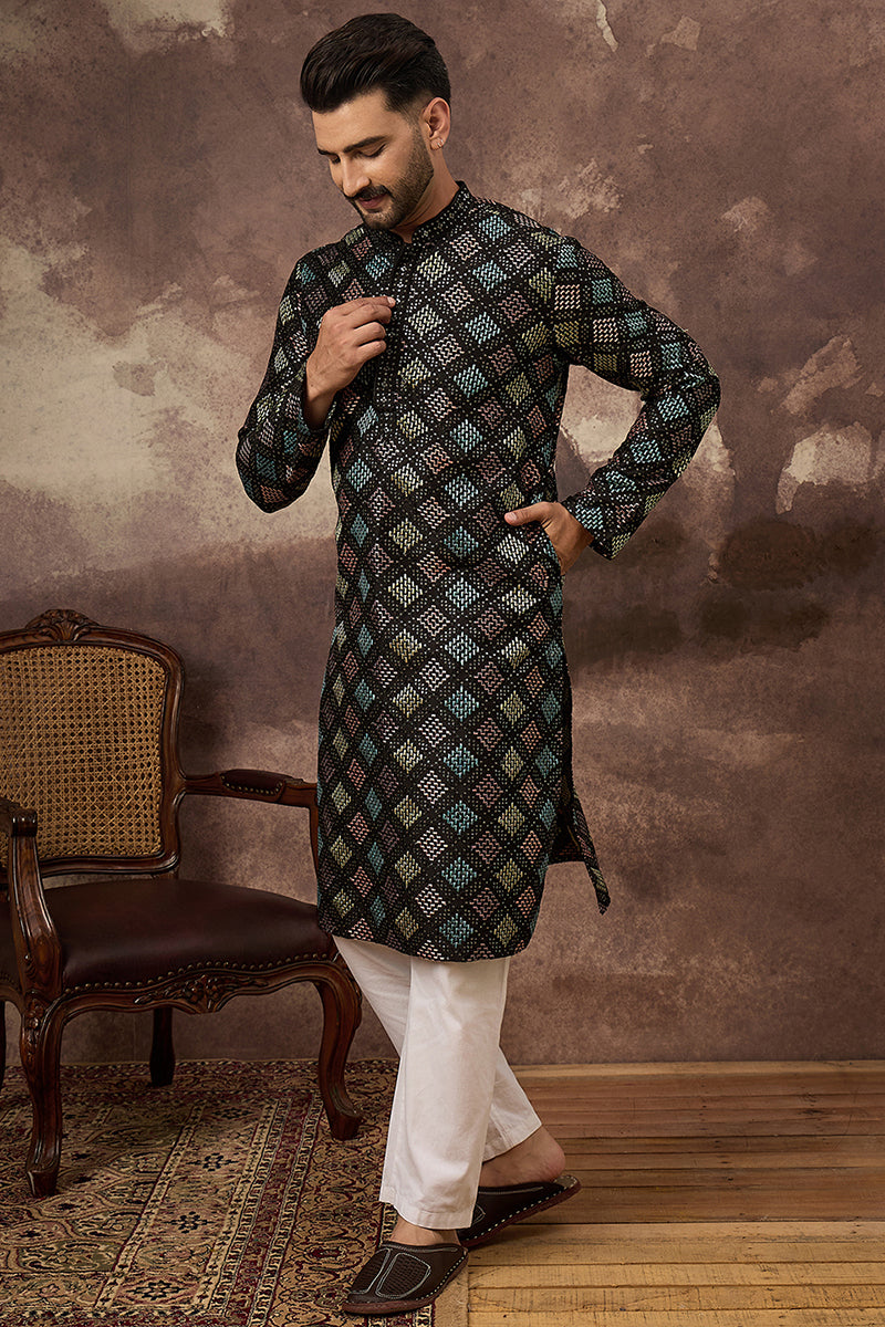 Black Silk Blend Solid Embroidered Straight Kurta MKU1384