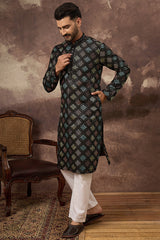 Black Silk Blend Solid Embroidered Straight Kurta MKU1384