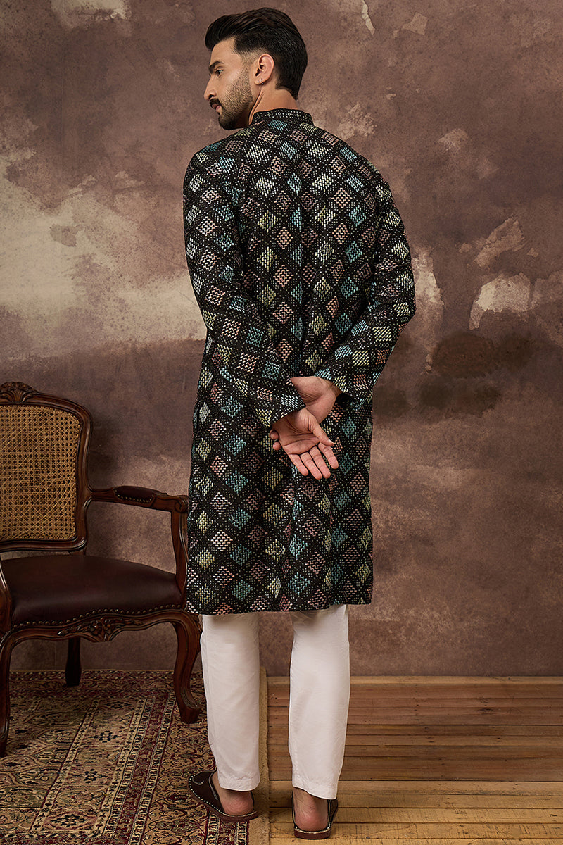 Black Silk Blend Solid Embroidered Straight Kurta MKU1384