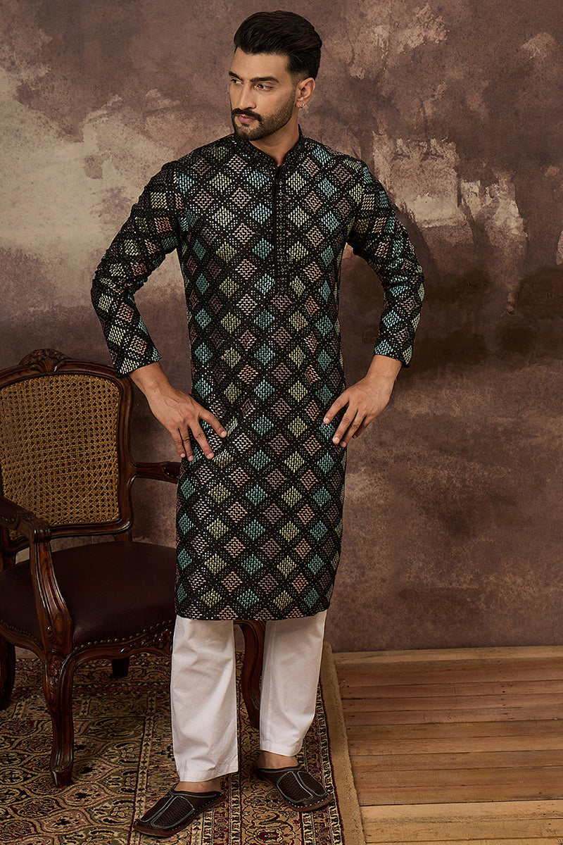 Black Silk Blend Solid Embroidered Straight Kurta MKU1384