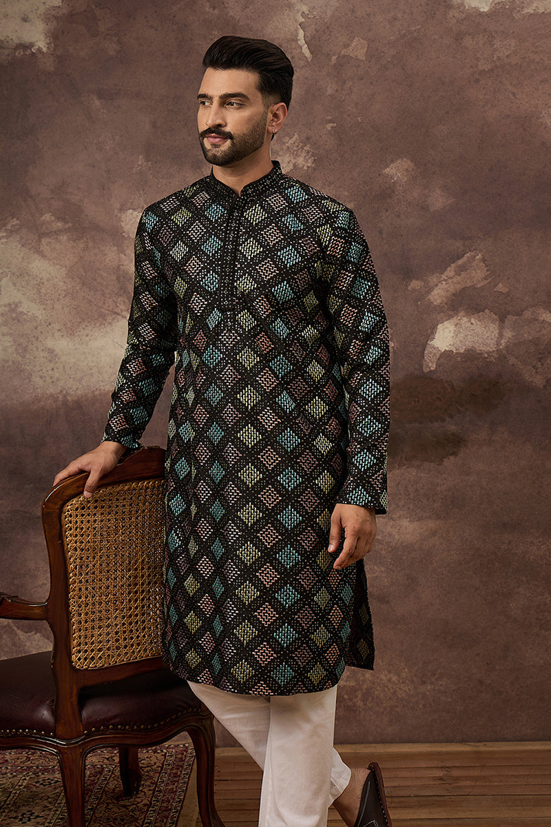 Black Silk Blend Solid Embroidered Straight Kurta MKU1384