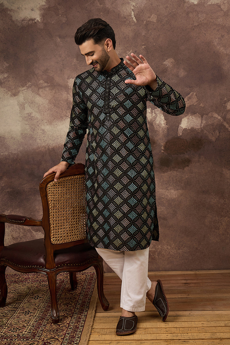 Black Silk Blend Solid Embroidered Straight Kurta MKU1384