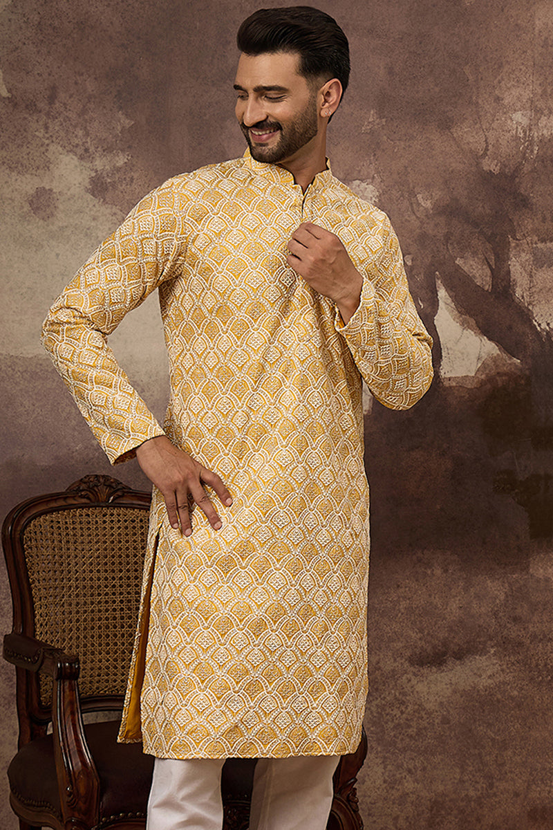 Yellow Viscose Rayon Solid Embroidered Straight Kurta MKU1385