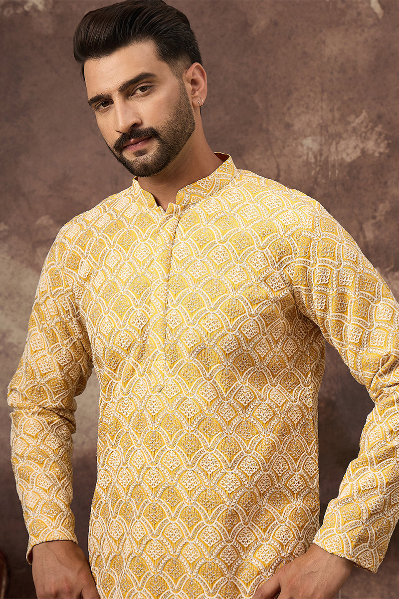 Yellow Viscose Rayon Solid Embroidered Straight Kurta HMKU1385