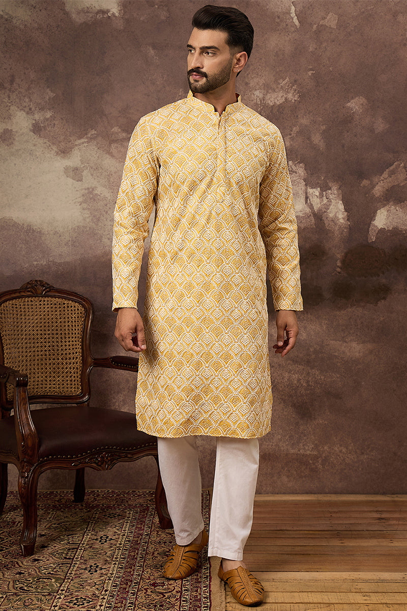 Yellow Viscose Rayon Solid Embroidered Straight Kurta HMKU1385