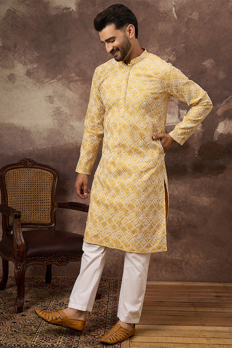 Yellow Viscose Rayon Solid Embroidered Straight Kurta MKU1385