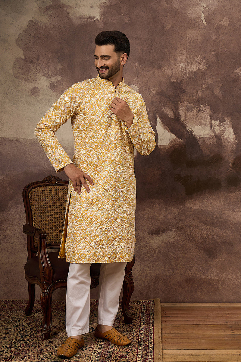 Yellow Viscose Rayon Solid Embroidered Straight Kurta HMKU1385