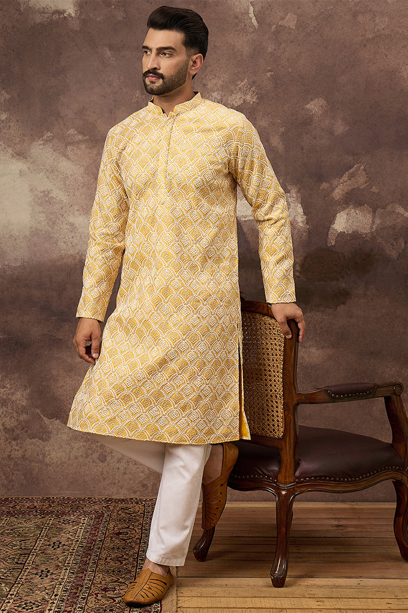 Yellow Viscose Rayon Solid Embroidered Straight Kurta HMKU1385