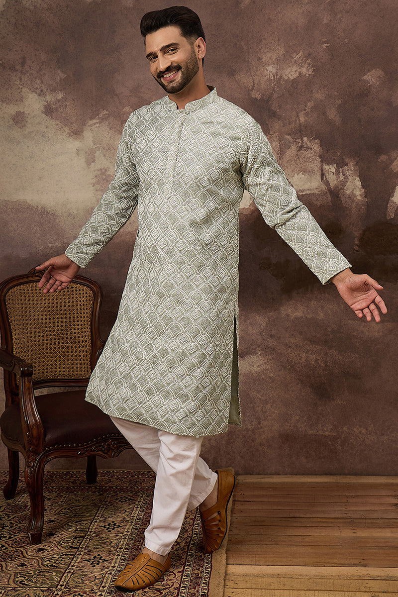 Green Viscose Rayon Solid Embroidered Straight Kurta HMKU1386
