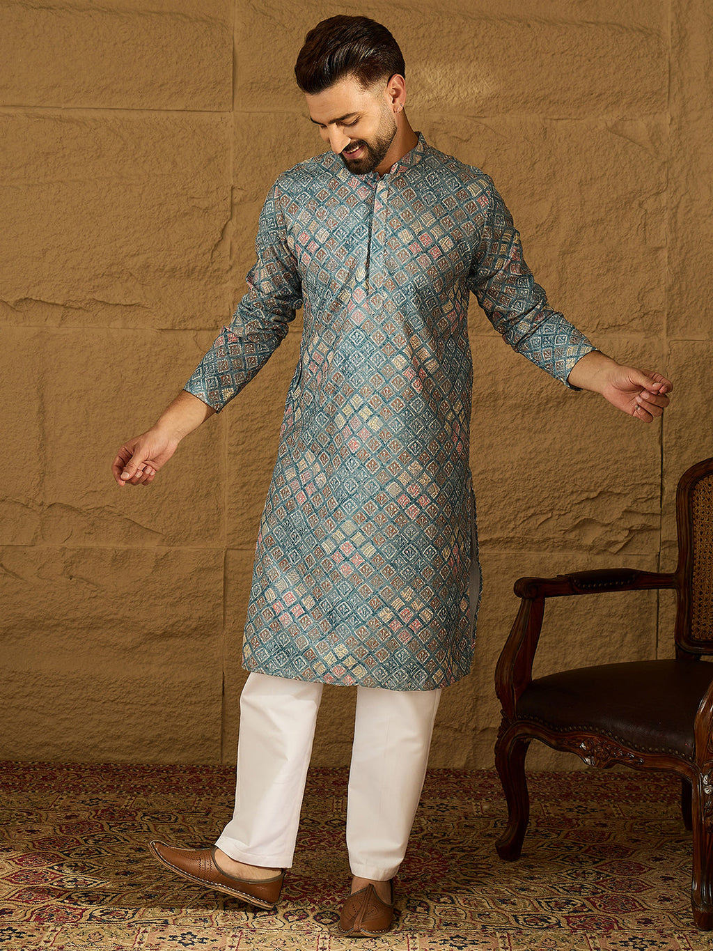 Men Blue Viscose Rayon Abstract Embroidered Straight Kurta-MKU1391