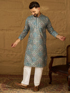 Men Blue Viscose Rayon Abstract Embroidered Straight Kurta-MKU1391
