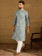 Men Blue Viscose Rayon Abstract Embroidered Straight Kurta-MKU1391