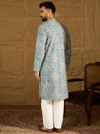 Men Blue Viscose Rayon Abstract Embroidered Straight Kurta-MKU1391