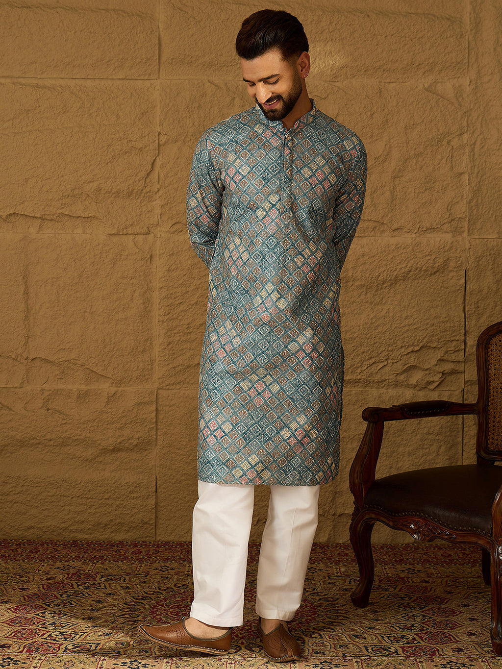 Men Blue Viscose Rayon Abstract Embroidered Straight Kurta-MKU1391