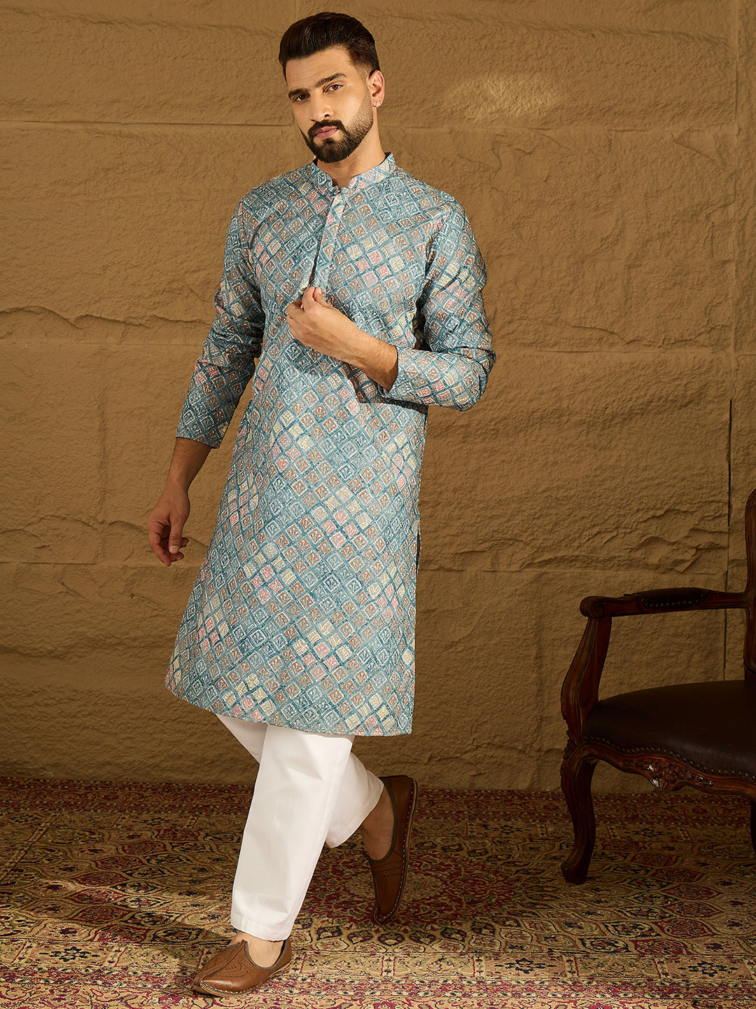 Men Blue Viscose Rayon Abstract Embroidered Straight Kurta-MKU1391