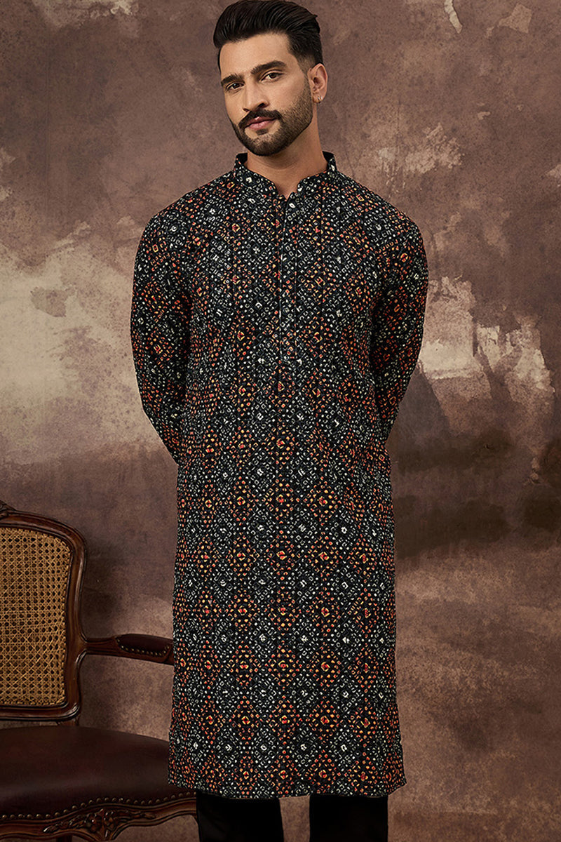 Black Viscose Rayon Embroidered Mandarin Collar Straight Kurta MKU1402