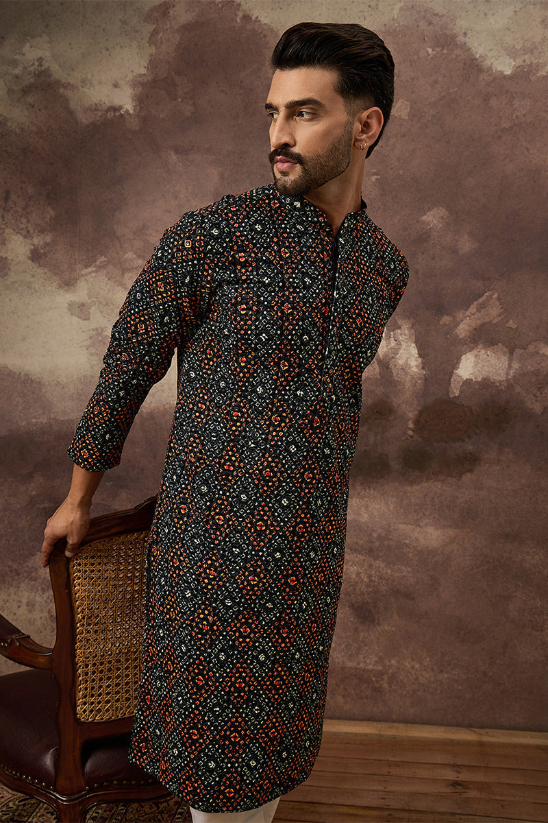 Black Viscose Rayon Embroidered Mandarin Collar Straight Kurta MKU1402