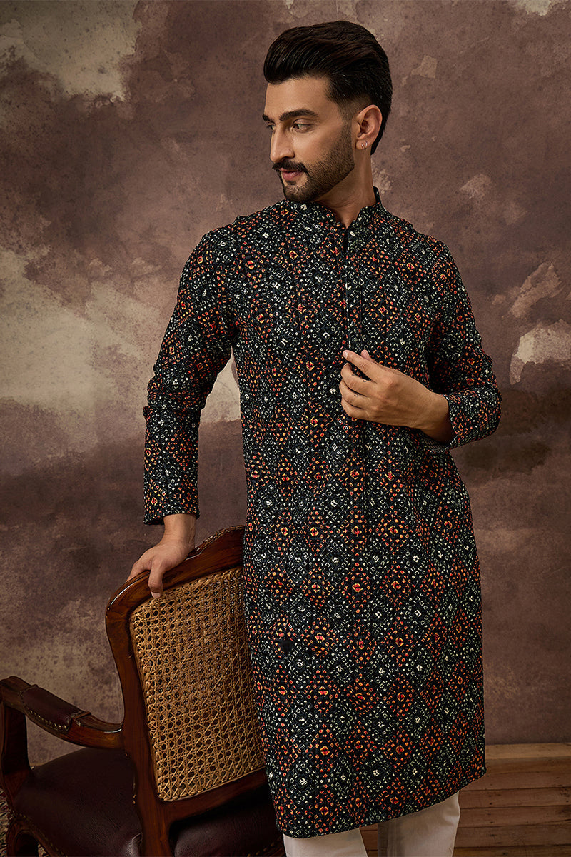 Black Viscose Rayon Embroidered Mandarin Collar Straight Kurta MKU1402