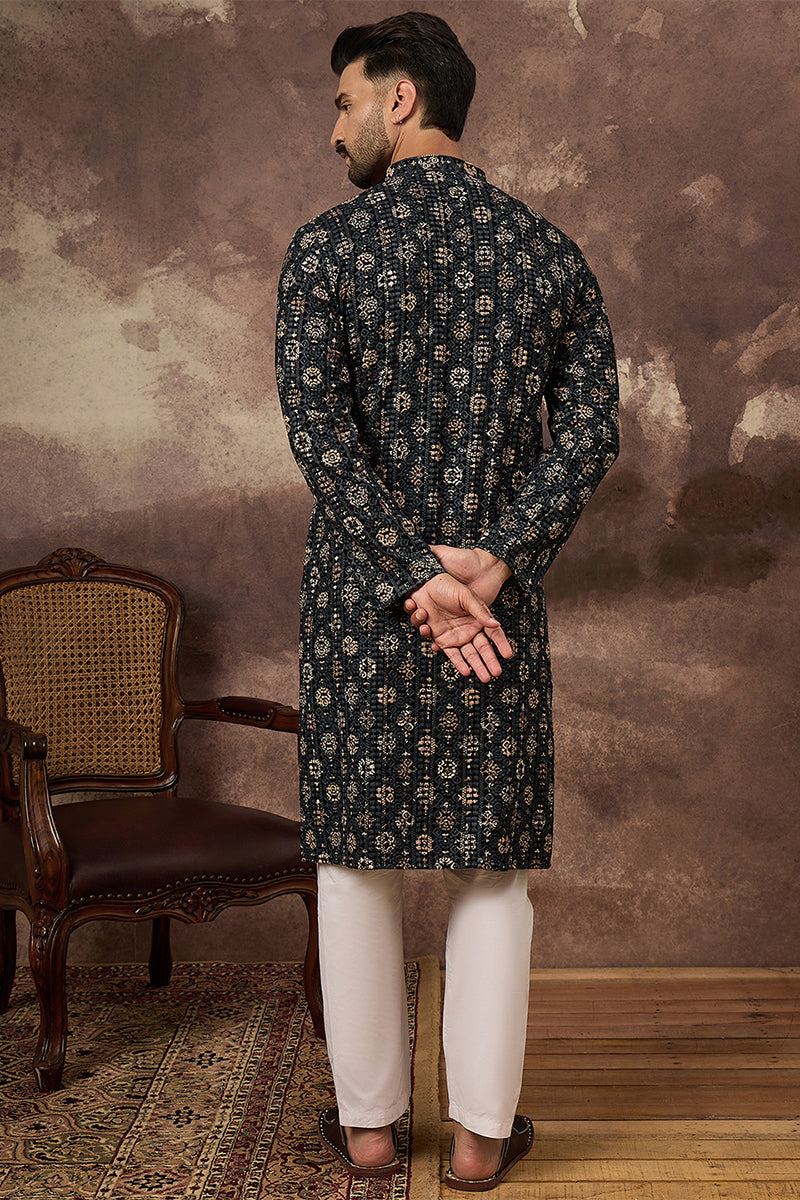 Black Viscose Rayon Embroidered Mandarin Collar Straight Kurta MKU1403