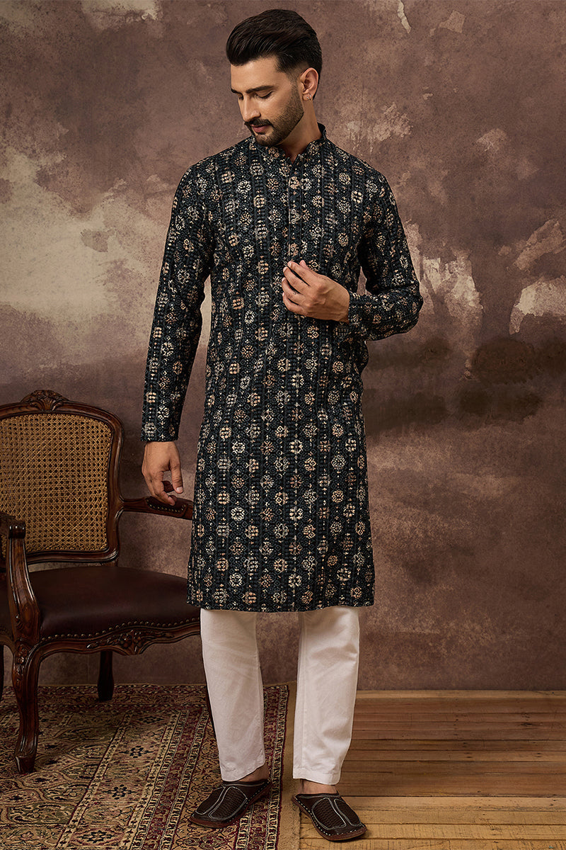 Black Viscose Rayon Embroidered Mandarin Collar Straight Kurta MKU1403