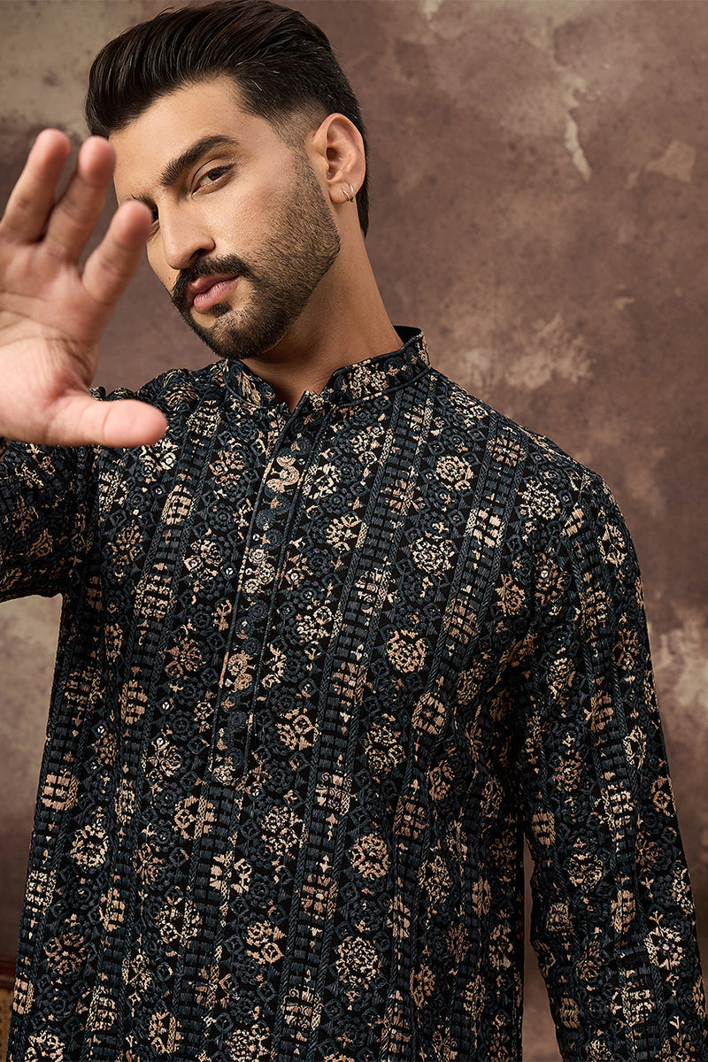 Black Viscose Rayon Embroidered Mandarin Collar Straight Kurta MKU1403