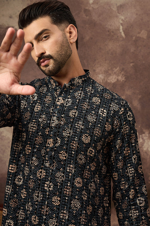 Black Viscose Rayon Embroidered Mandarin Collar Straight Kurta MKU1403