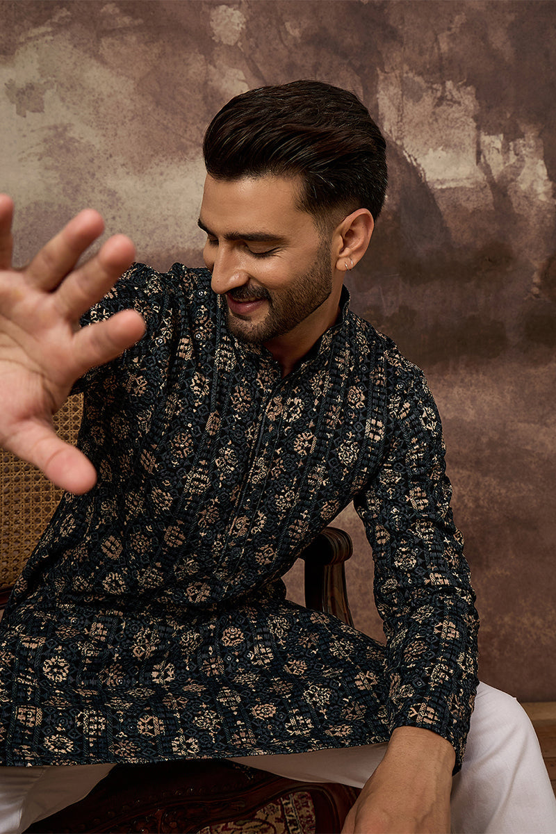 Black Viscose Rayon Embroidered Mandarin Collar Straight Kurta MKU1403