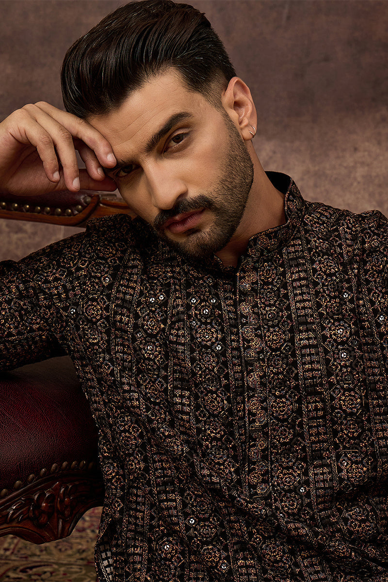 Black Viscose Rayon Embroidered Mandarin Collar Straight Kurta MKU1405