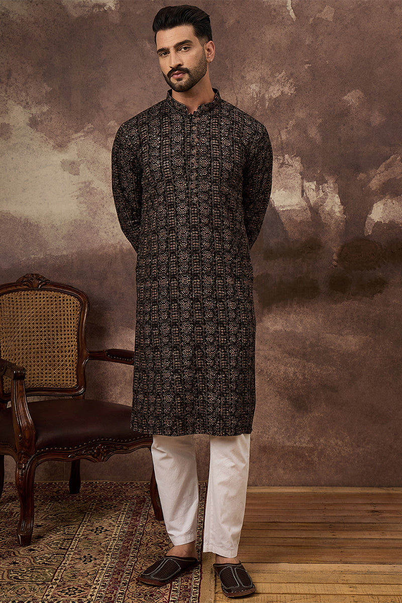 Black Viscose Rayon Embroidered Mandarin Collar Straight Kurta MKU1405