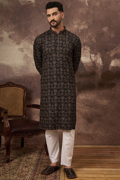 Black Viscose Rayon Embroidered Mandarin Collar Straight Kurta MKU1405